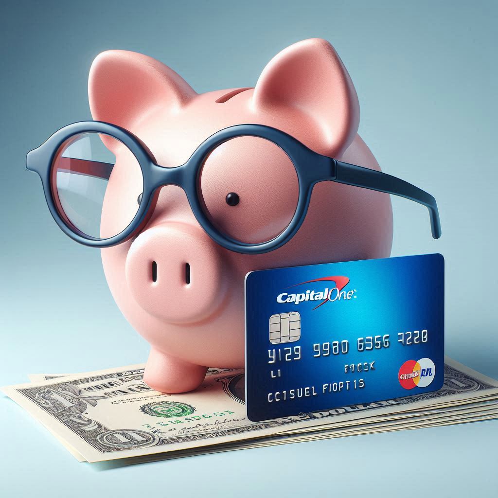 A piggy bank with glasses and a floating Capital One debit card