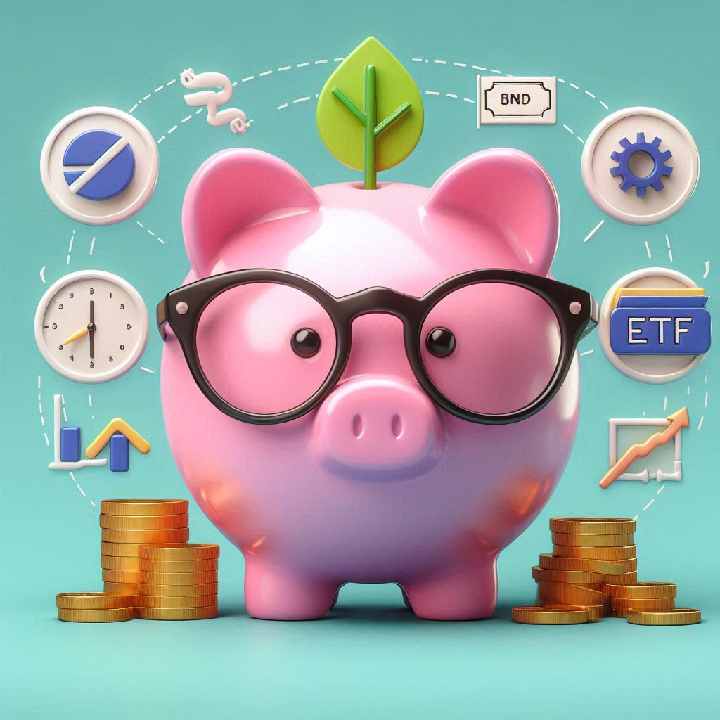 A pink piggy bank with glasses surrounded by three symbols_ a bond, mutual fund, and ETF