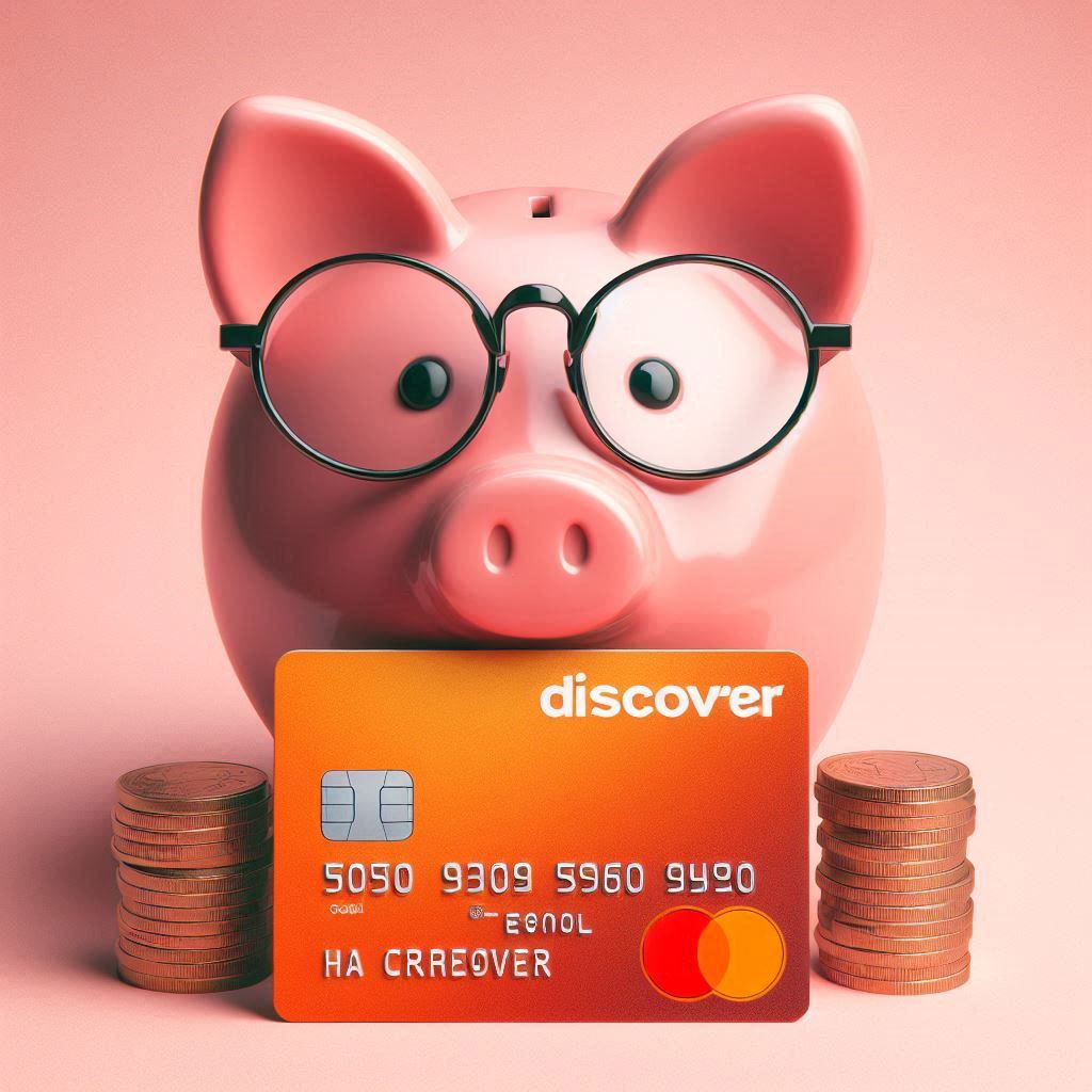 A pink piggy bank with glasses and an orange Discover credit card