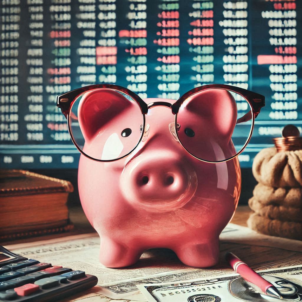 Photo of a pink piggy bank with glasses in front of stock market tickers