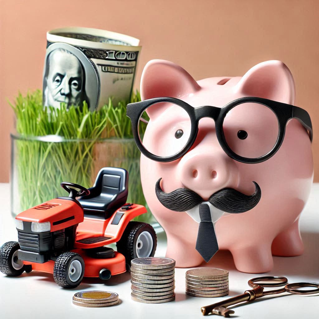 a piggy bank with glasses and a mini lawn mower in front of a bank symbol